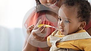 Baby Nutrition Habits. Smiling Black Mother Feeding Cute Infant Boy From Spoon