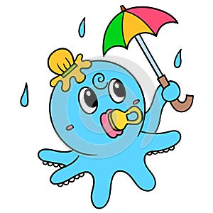 Baby octopus is carrying umbrella shelter from the rain, doodle icon image kawaii