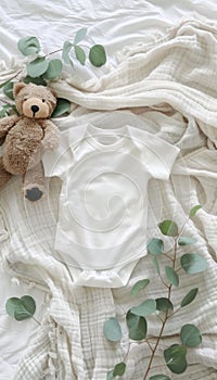Baby onesie mockup with teddy bear toy and eucalyptus on ivory blanket background