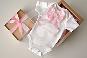 baby onesie with pink bow in a small gift box