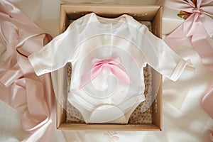 baby onesie with pink bow in a small gift box