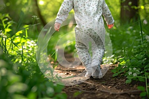 baby in a onesie stepping on a trail in a green park