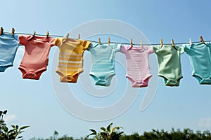 baby onesies in a variety of colors pinned on a clothesline against blue sky