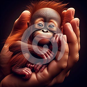 A baby orangutan held in the hand by people. Nature protection concept.