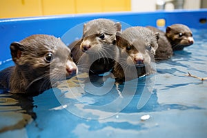 baby otters swimming in school together, their tiny paws clasped