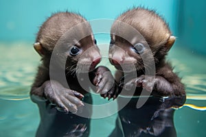 baby otters swimming side by side, their tiny paws grasping one another