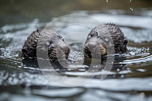 baby otters swimming together in the open water, with their tiny paws intertwined