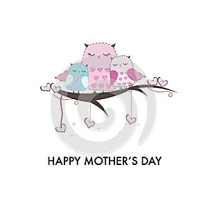 Baby owl, mother owl. Mother and child. Happy Mother`s Day greeting card vector