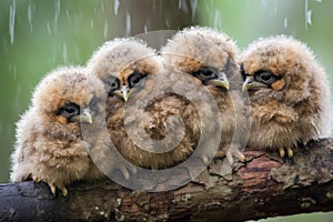 baby owls huddle together on a branch, heads tilted