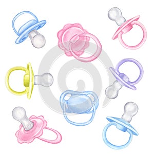 Baby pacifier dummy set, boy girl . Pink blue violet green. Hand drawn watercolor illustration isolated on white