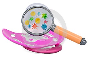 Baby pacifier with germs and bacterias under magnifying glass. 3D rendering