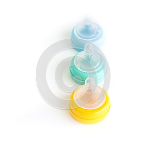 Baby pacifier on white background topview