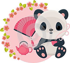Baby panda is drinking oriental tea