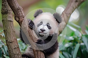 Baby panda eating bamboo in the forest, National panda day