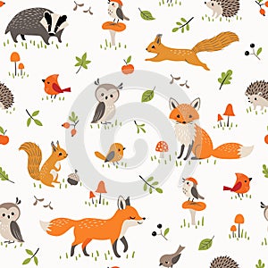 Baby pattern with cute little woodland animals and birds