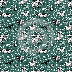 Baby pattern. Doodle forest animals. Beasts, birds. Cute woodland background.