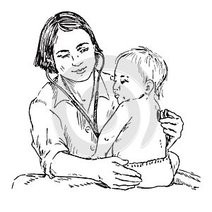 Baby and pediatrician, listening with stethoscope, hand drawn doodle, sketch