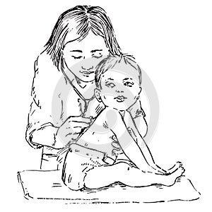 Baby and pediatrician, listening with stethoscope, hand drawn doodle, sketch