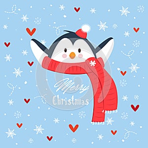 Baby penguin on Christmas greeting card
