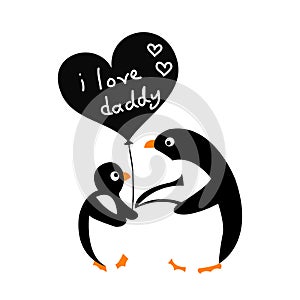 Baby penguin with her father, i love daddy, father`s day greeting card