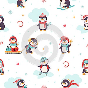 Baby penguins seamless pattern. Christmas penguin, xmas arctic animals cute fabric print design. Kids holidays gift