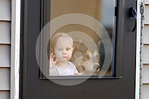 Baby and Pet Dog Waiting at Door Looking out Window