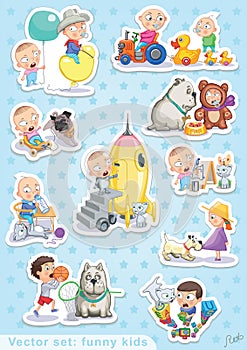 Baby and pets. Vector set: Funny kids