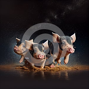 Baby pig piglets playing in mud