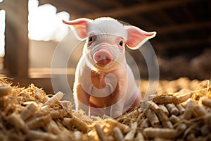 Baby piglet on hay and straw at pig breeding farm