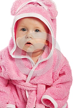 Baby in pink bathrobe