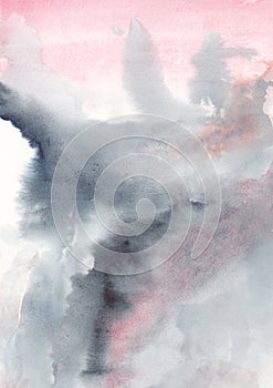 Baby pink and gray colors in abstract watercolor background. Storm in watercolor.