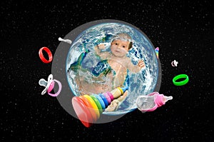 Baby in planet Earth in space and around revolve baby accessories photo