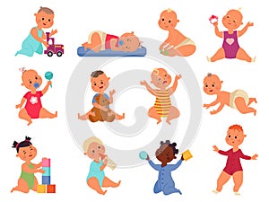 Baby play with toys. Children toy, child playing with blocks. Little kids or babies, isolated fun toddler in diaper