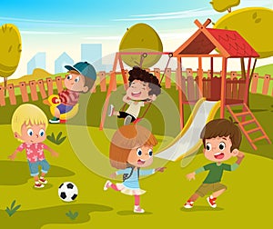 Baby Playground Summer Park Vector Illustration. Children Play Football and Swing Outdoor in School Yard Kindergarten