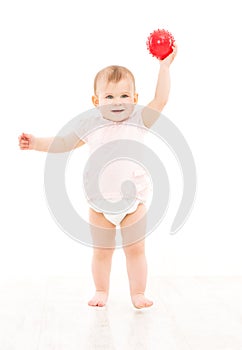 Baby Playing Ball on White, Toddler Kid in Diaper Play with Toy