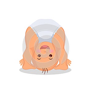 Baby playing standing on his head. Little child playing upside down. Isolated baby on the white background. Raster copy