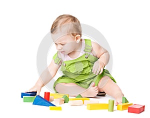 Baby Playing Toys Blocks, Kid Play with Colorful Building Bricks, One Year Old Child on White