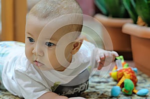 Baby plays with toys lying on the floor