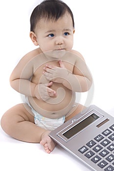 Baby with pocket calculator photo