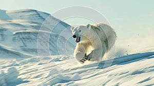 A baby polar bear running through the snow