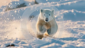 A baby polar bear running through the snow