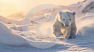 A baby polar bear running through the snow