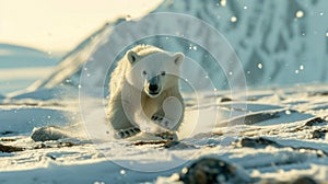 A baby polar bear running through the snow