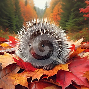 Baby Porcupine Sitting on Autumn Leaves