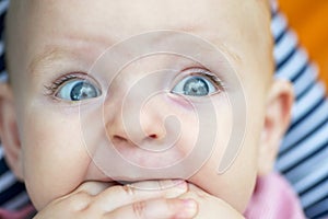 Baby portrait. Closeup face with bright blue eyes. Adorable baby