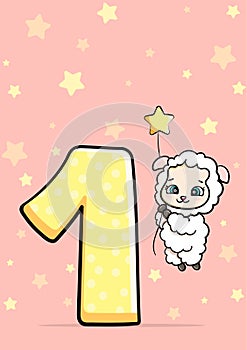 Baby postcard. The lamb flies on star. for children 1 year or month