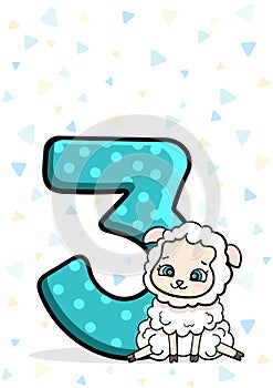 Baby postcard. The lamb sits near number. for children 3 years or month