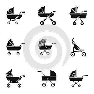 Baby pram icon set, simple style