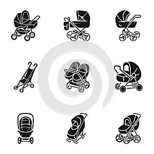 Baby pram icon set, simple style