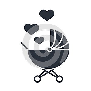 Baby pram with love hearts family day, icon in silhouette style